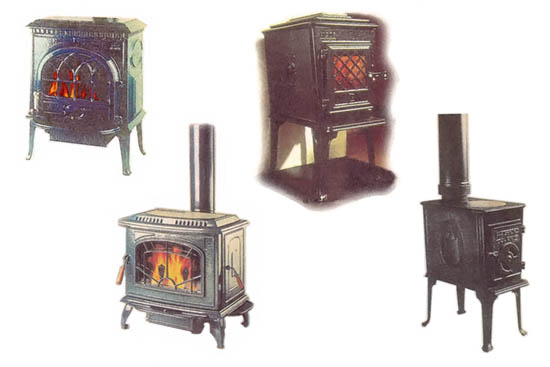 Four modern wood stoves from Jotul and Waterford. L to R: Jotul 3CB, Waterford Ashley, Jotul 602, and Waterford 104 MK II. The 3CB costs $1,100 and will heat 1,300 sq. ft., while the 602 costs $600 and heats 800 sq. ft. The Ashley is costly at $1,649 but will heat 11,500 sq. ft. The 104 MK II is more affordable at $595 but heats only 750 sq. ft.
